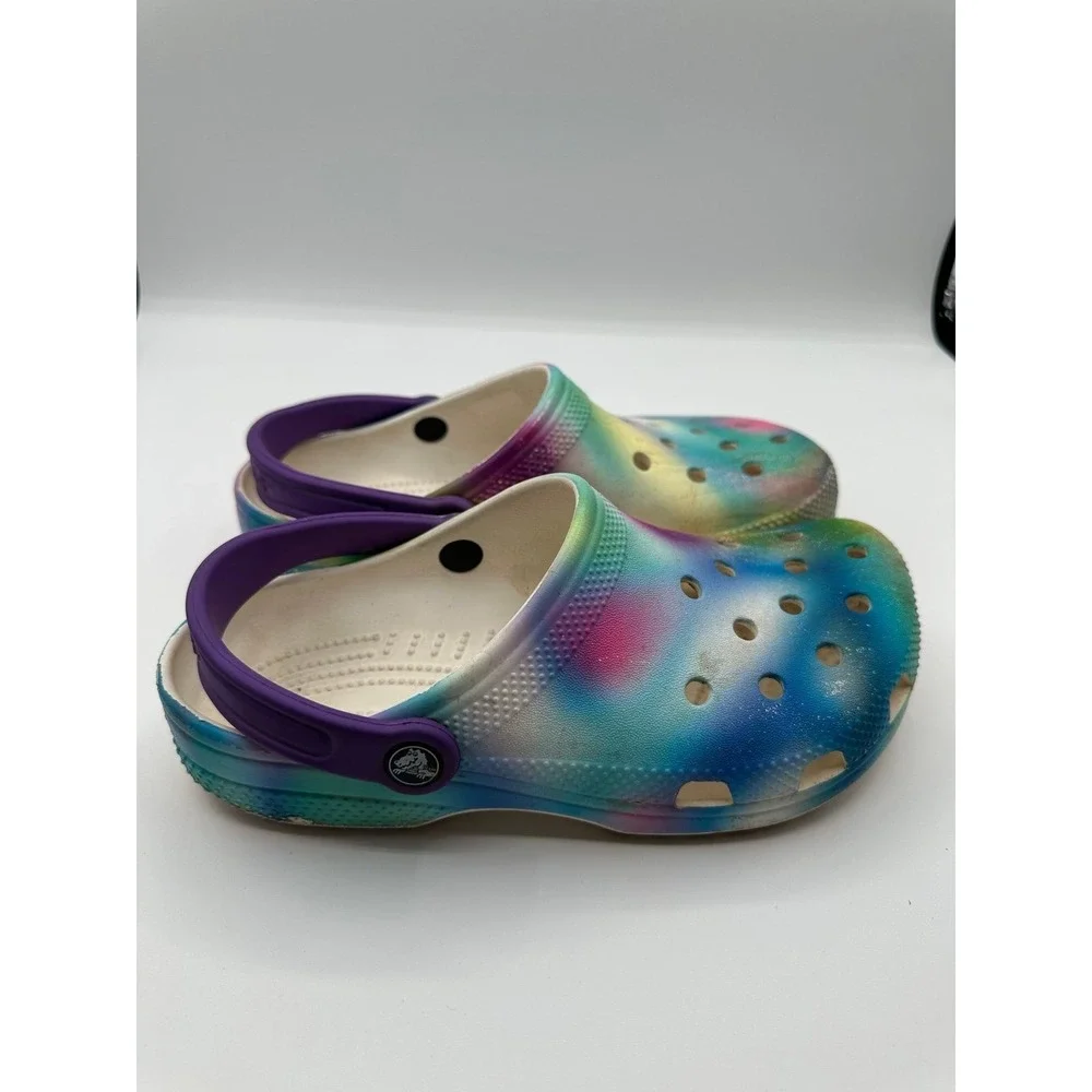 Crocs Kids Classic Tie Dye Glitter Clogs Multi Color Purple Strap Junior Size 5